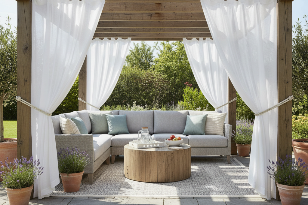 outdoor curtains hung on pergola providing privacy and shade