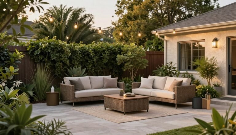 outdoor decor backyard with cozy seating area and string lights