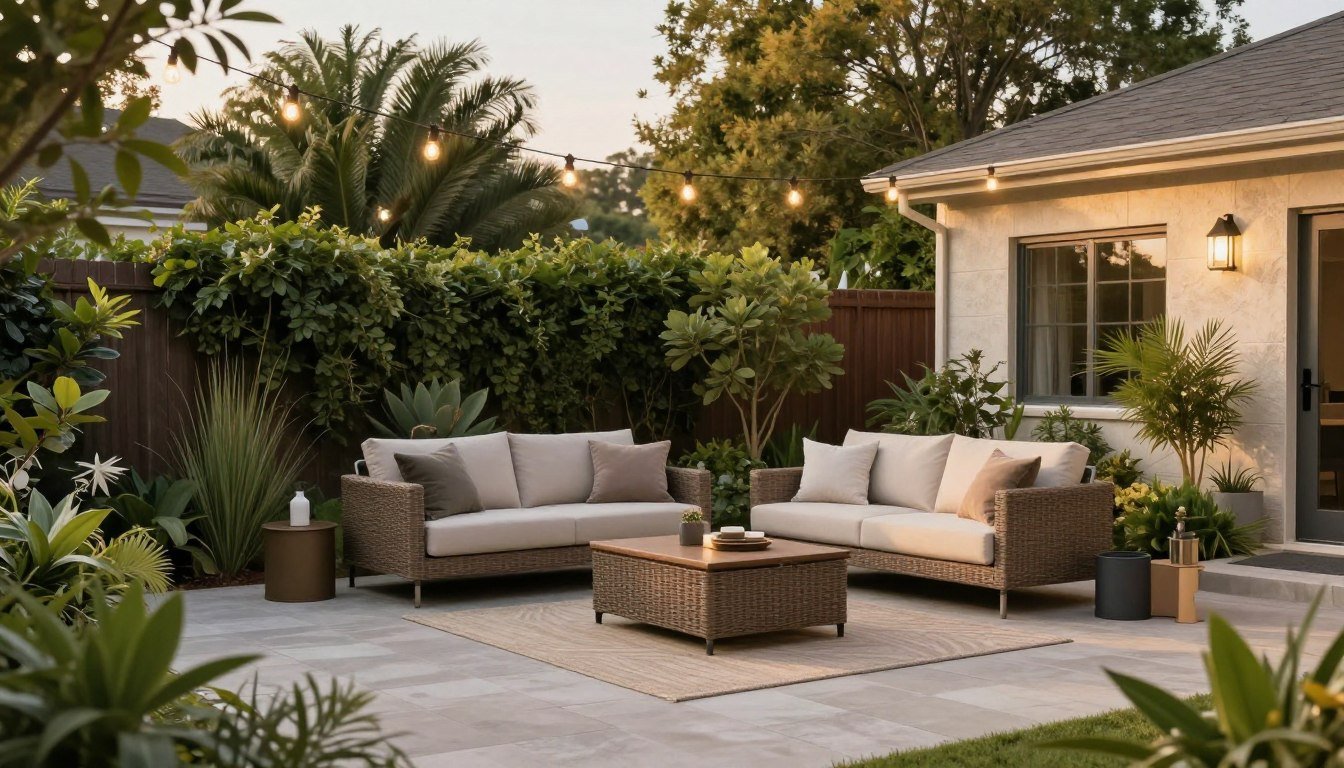 outdoor decor backyard with cozy seating area and string lights