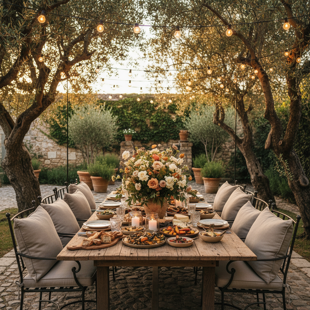 outdoor dining table set for meal with string lights overhead