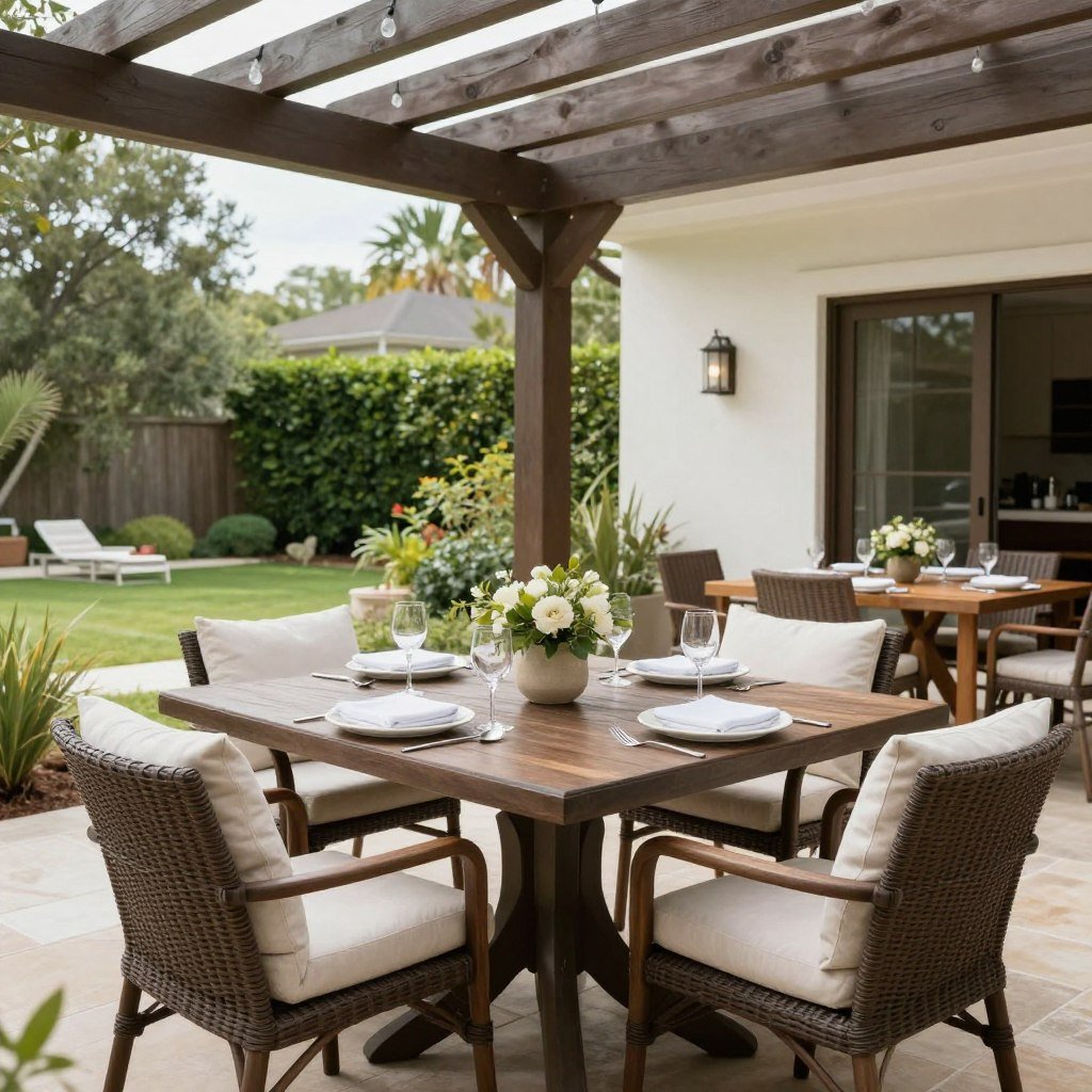 outdoor dining table under pergola