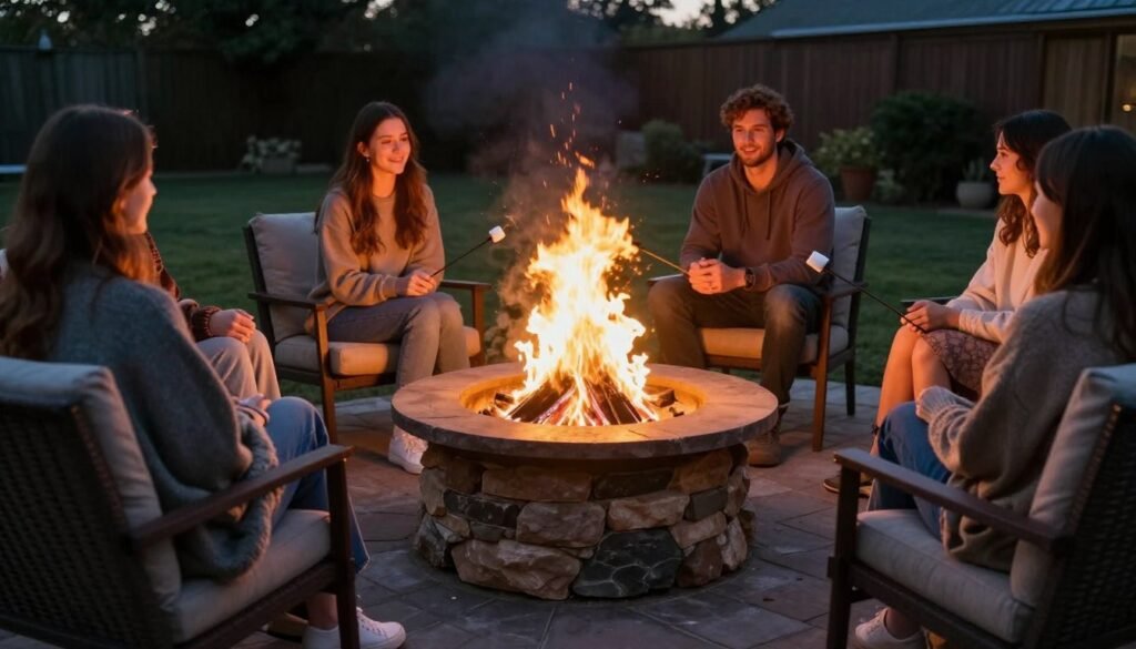 outdoor fire pit with seating area and cozy atmosphere