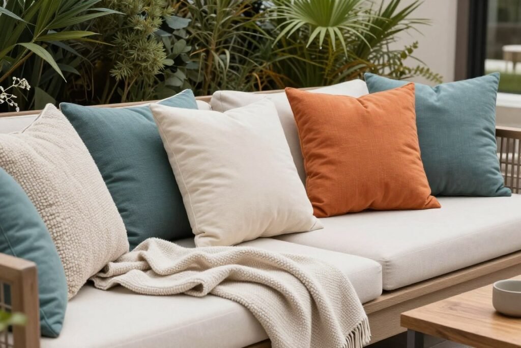 outdoor furniture decorated with colorful pillows and cozy textiles outdoor furniture decorated with colorful pillows and cozy textiles