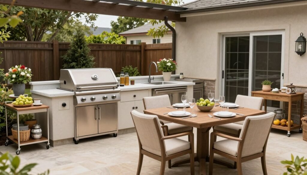 outdoor kitchen and dining area set up for summer entertaining outdoor kitchen and dining area set up for summer entertaining