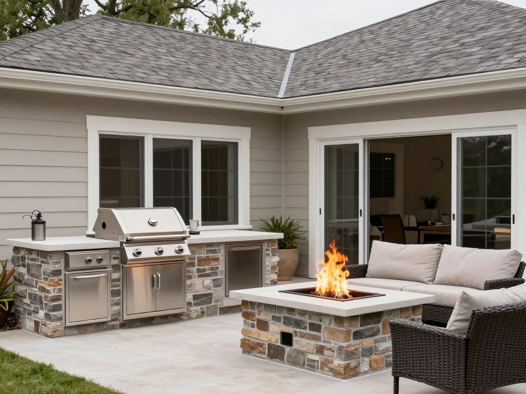 outdoor kitchen near fire pit area
