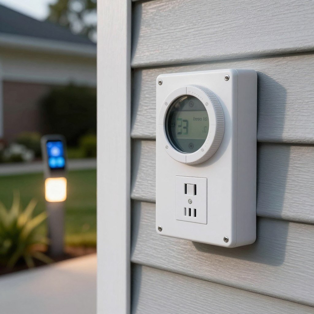 outdoor lighting timer and control system mounted on house exterior