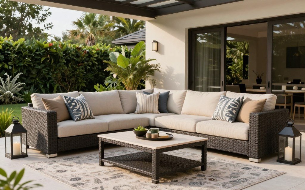 outdoor living room with comfortable seating arrangements