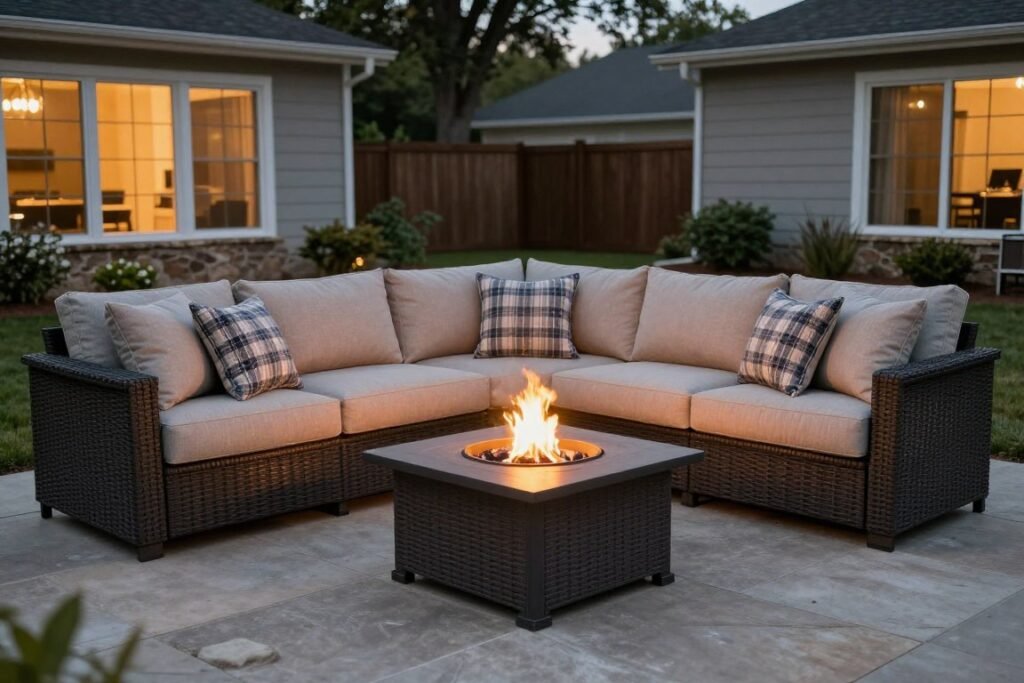 outdoor sectional sofa arranged around backyard fire pit