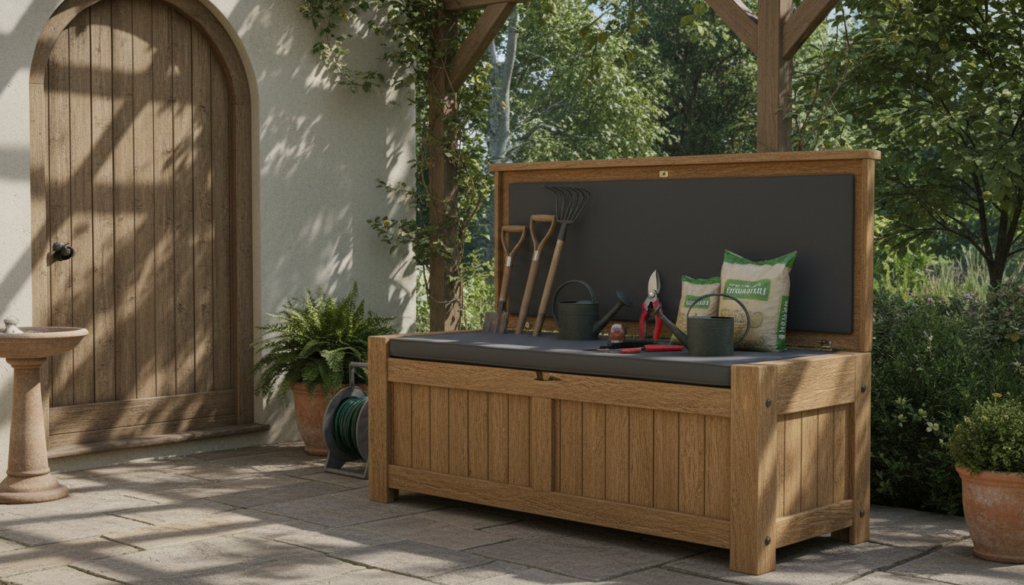 outdoor storage bench on patio with cushion lid
