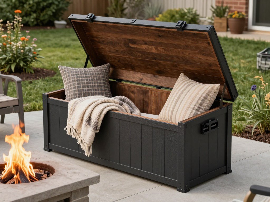 outdoor storage chest near fire pit containing blankets and cushions