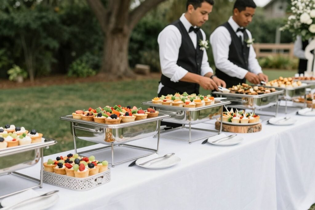 outdoor wedding catering station and food display setup