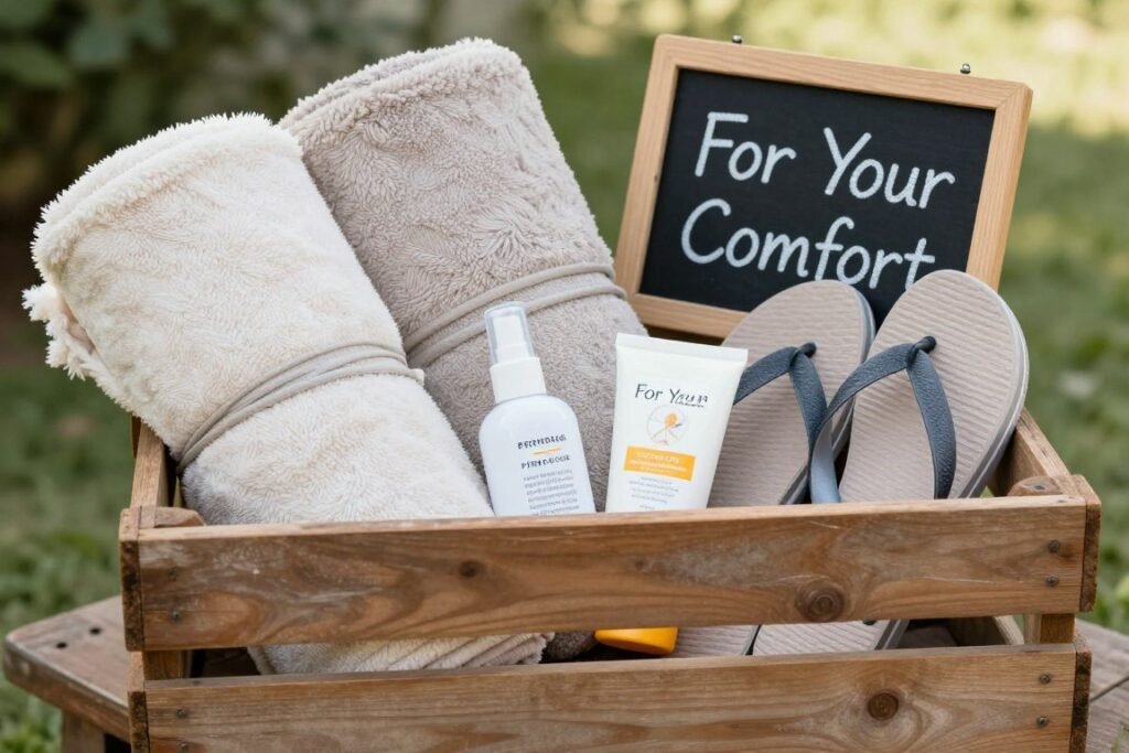 outdoor wedding guest comfort station with blankets and emergency supplies
