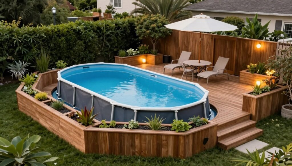 oval above-ground pool with multi-level deck and outdoor living space
