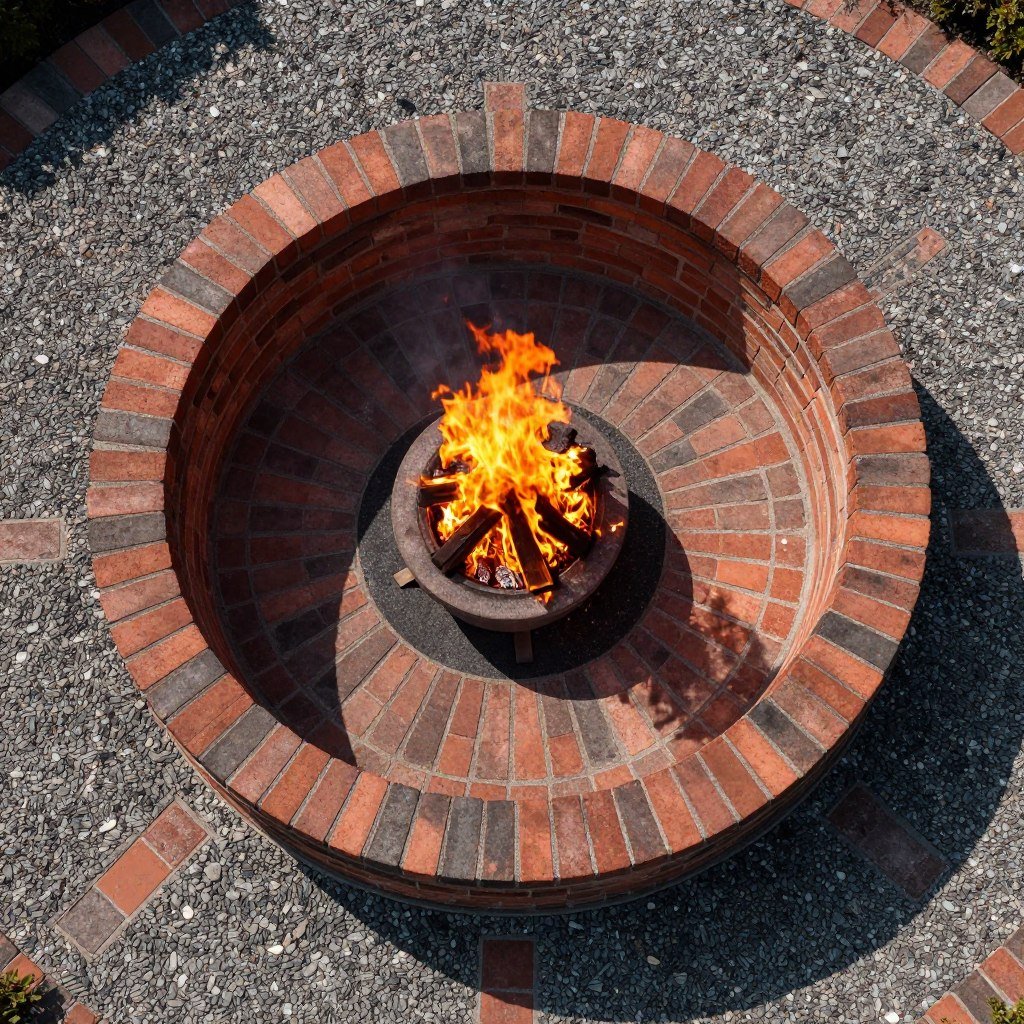 overhead view of circular brick fire pit showing radial pattern