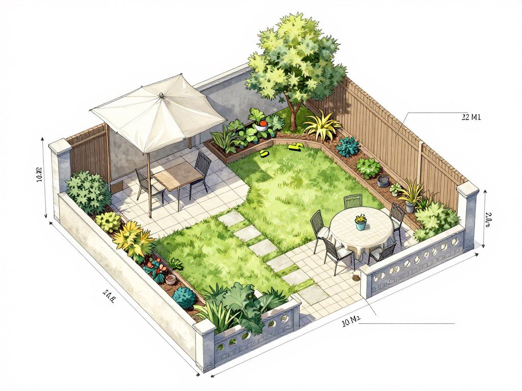 overhead view of small backyard layout showing different functional zones and space planning