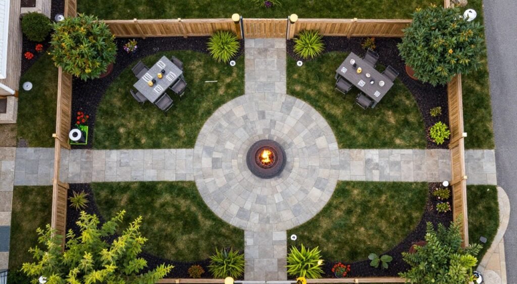 overhead view of well-planned outdoor space layout with fire pit as focal point