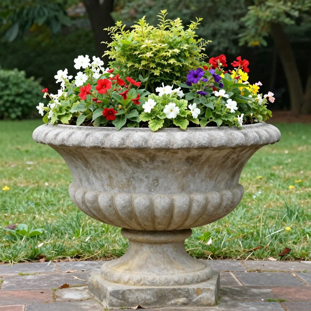 oversized stone planter with mixed plantings