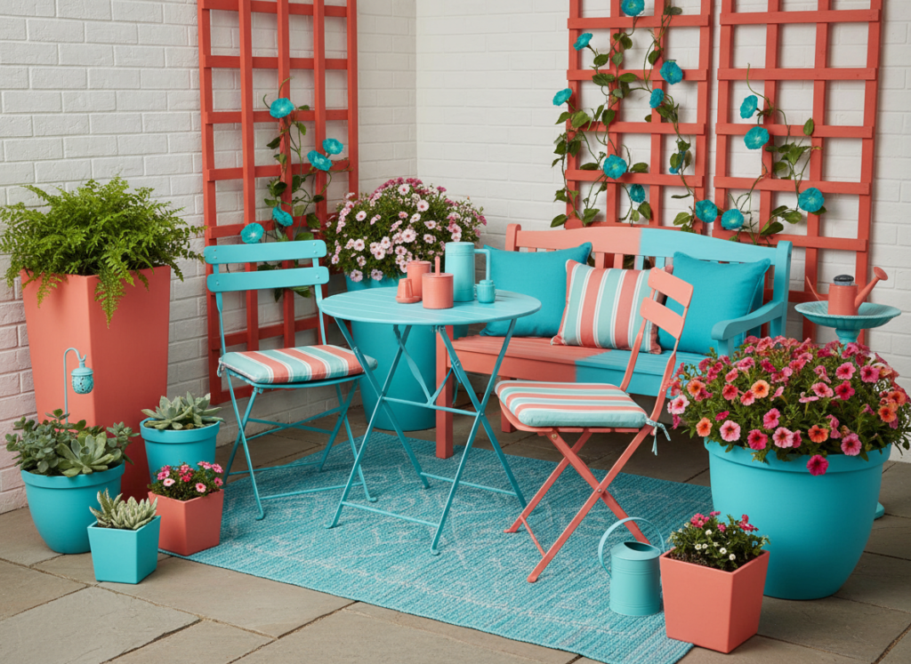painted garden furniture and planters in coordinating bright colors