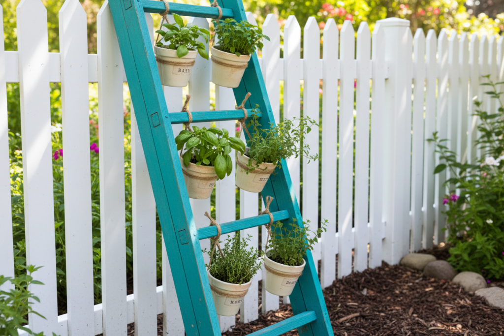 painted vintage ladder against fence with hanging planters