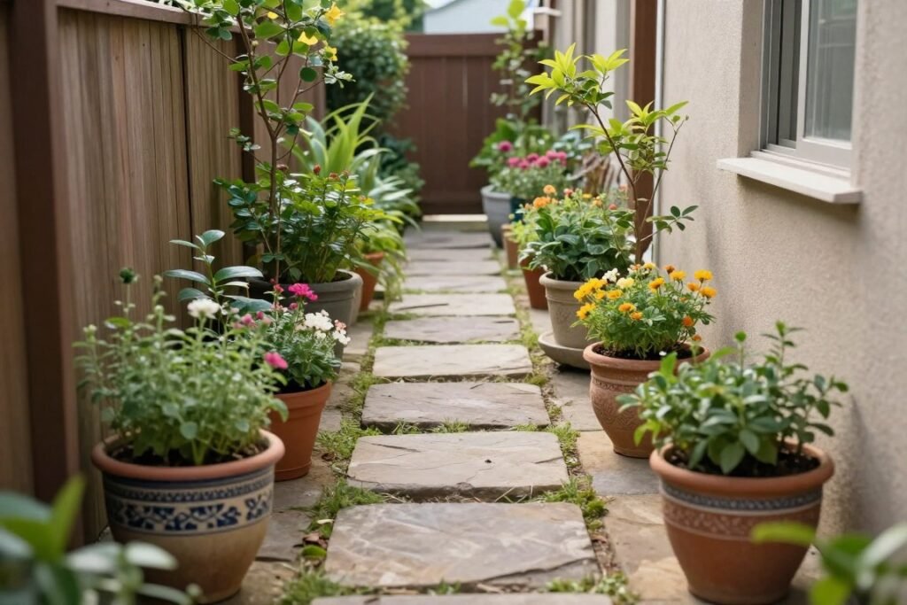 pathway lined with container gardens on both sides in small backyard