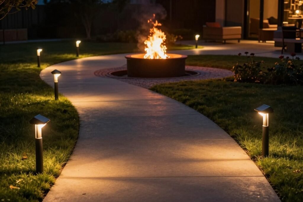 pathway to fire pit with solar lights