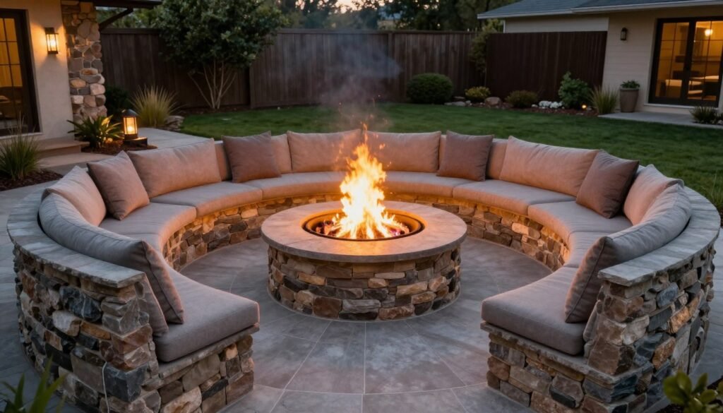 patio design centered around built-in fire pit