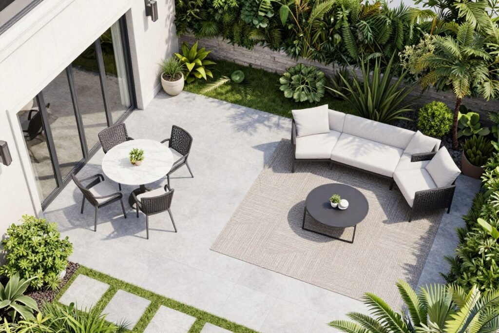 patio design showing different functional zones with furniture groupings
