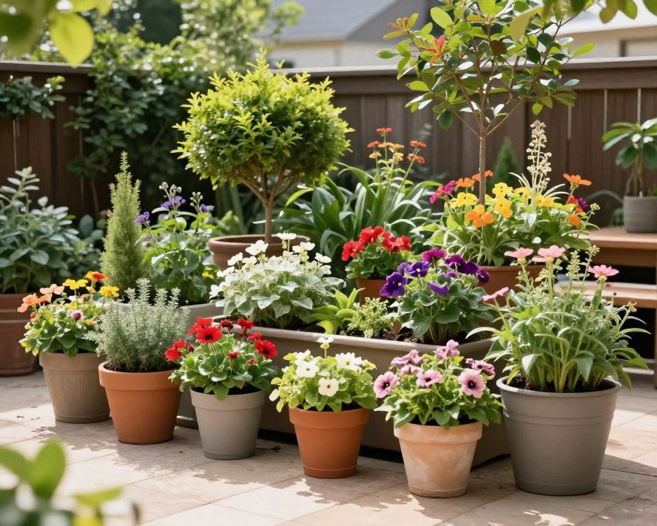 patio with container garden and planters