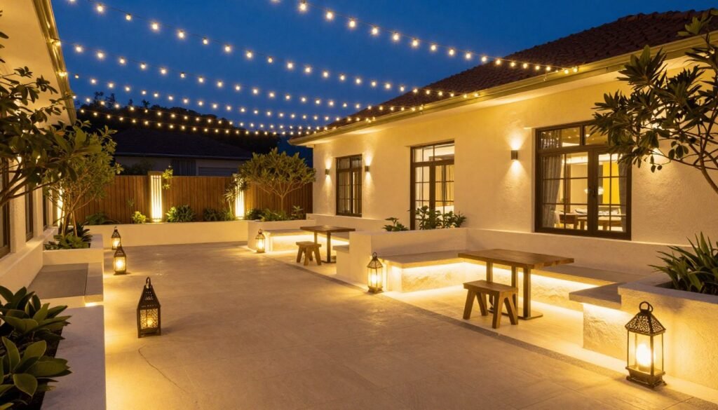 patio with layered outdoor lighting design