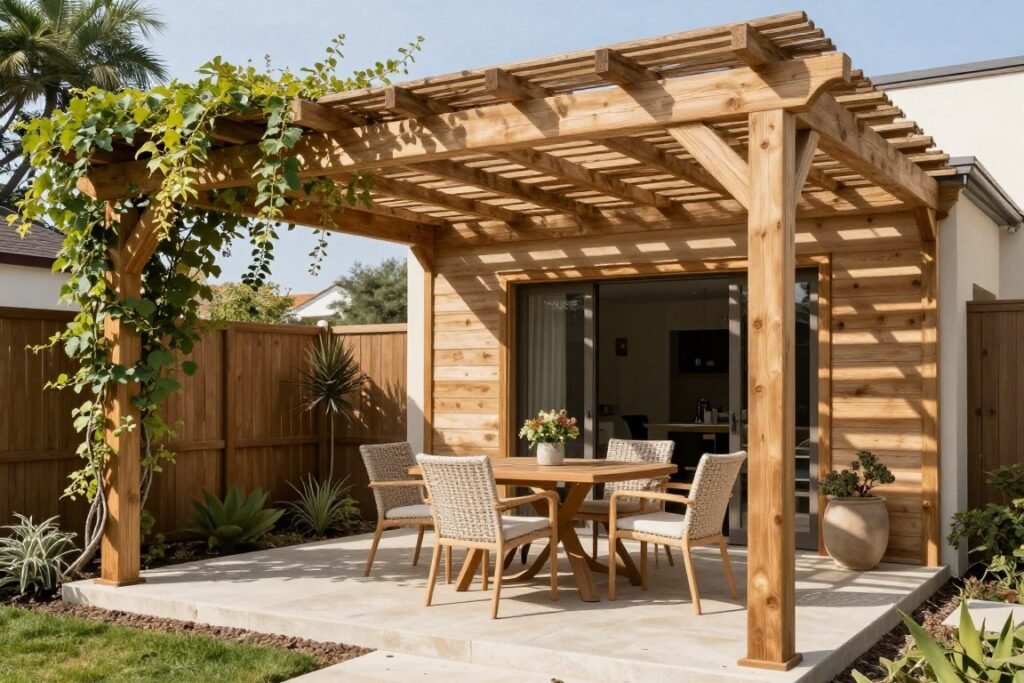 patio with pergola covering and outdoor furniture