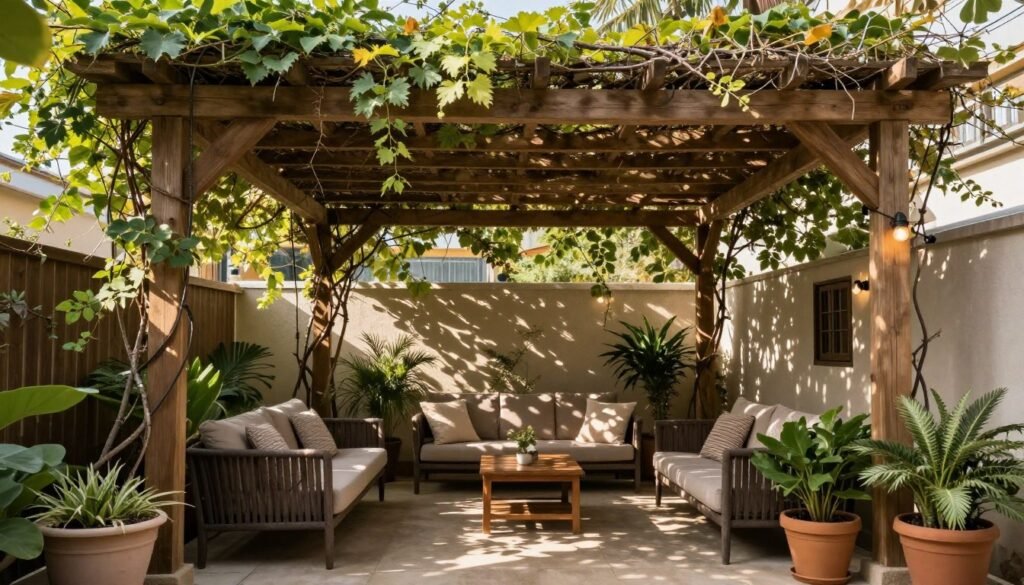 patio with pergola overhead and climbing plants providing shade