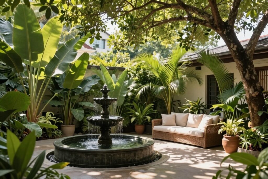 patio with water feature and lush plantings