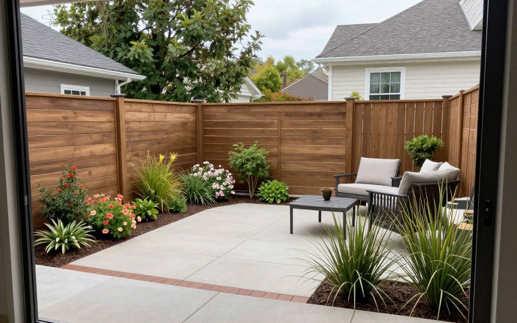 patio with wooden privacy fence and landscaping