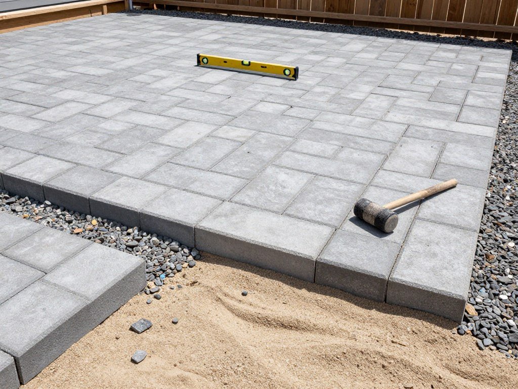 paver patio installation process showing sand base and stone placement