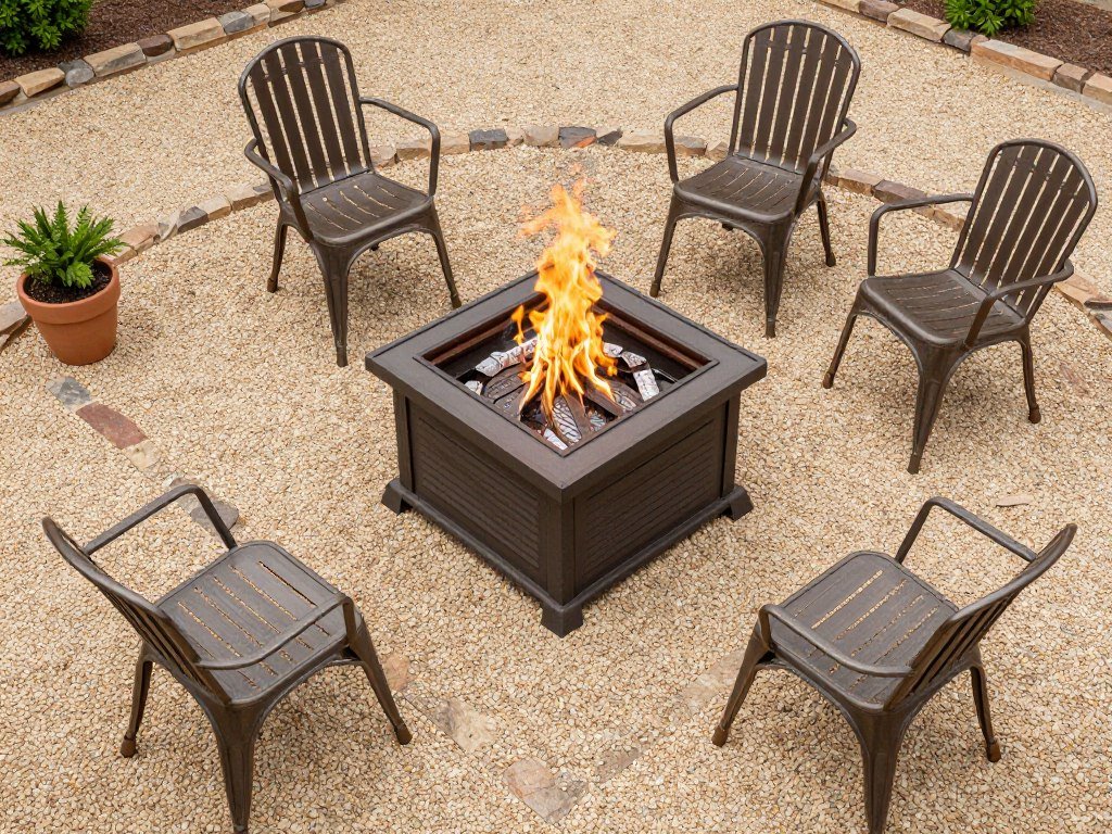 pea gravel fire pit zone with stone edging