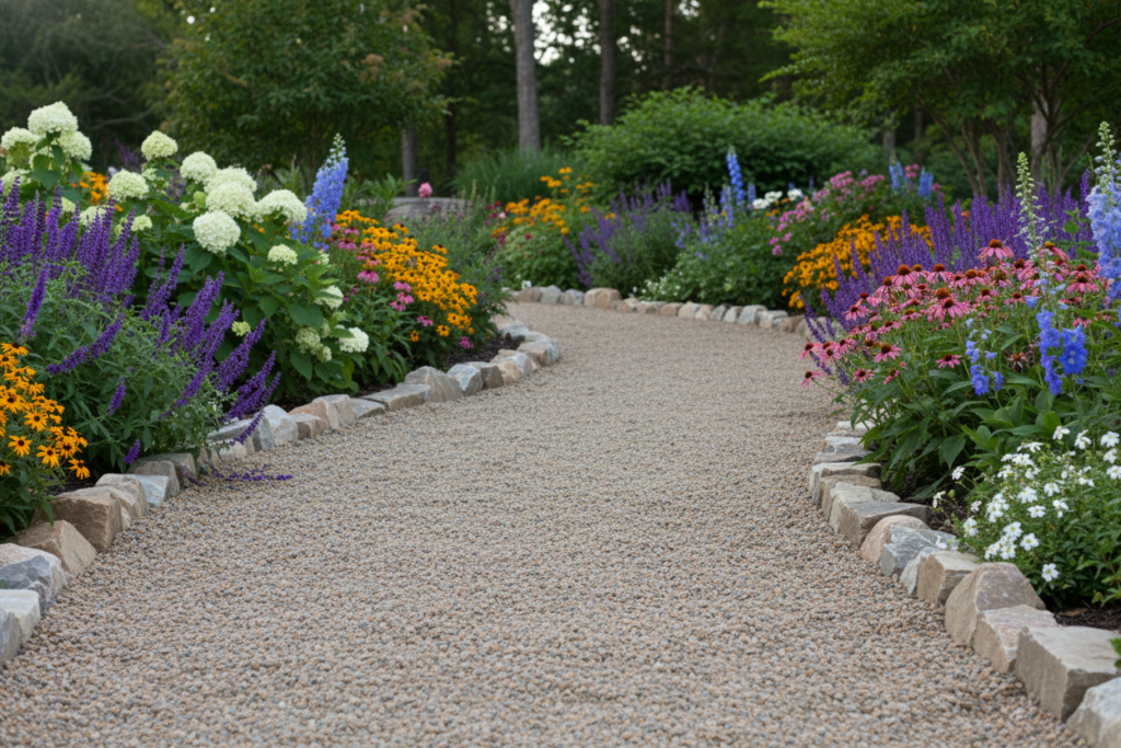 pea gravel path with stone edging and garden borders
