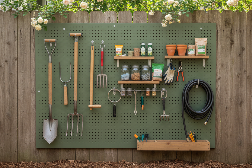 pegboard tool storage mounted on fence with organized garden tools