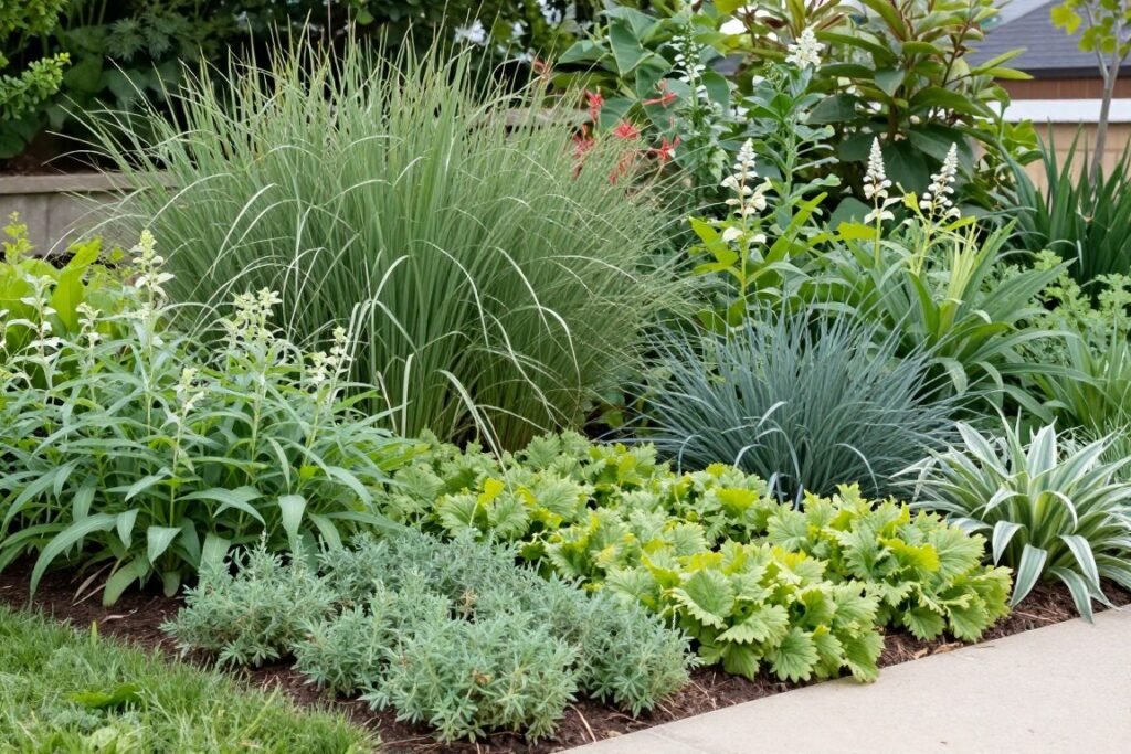 perennial garden with layered plant heights
