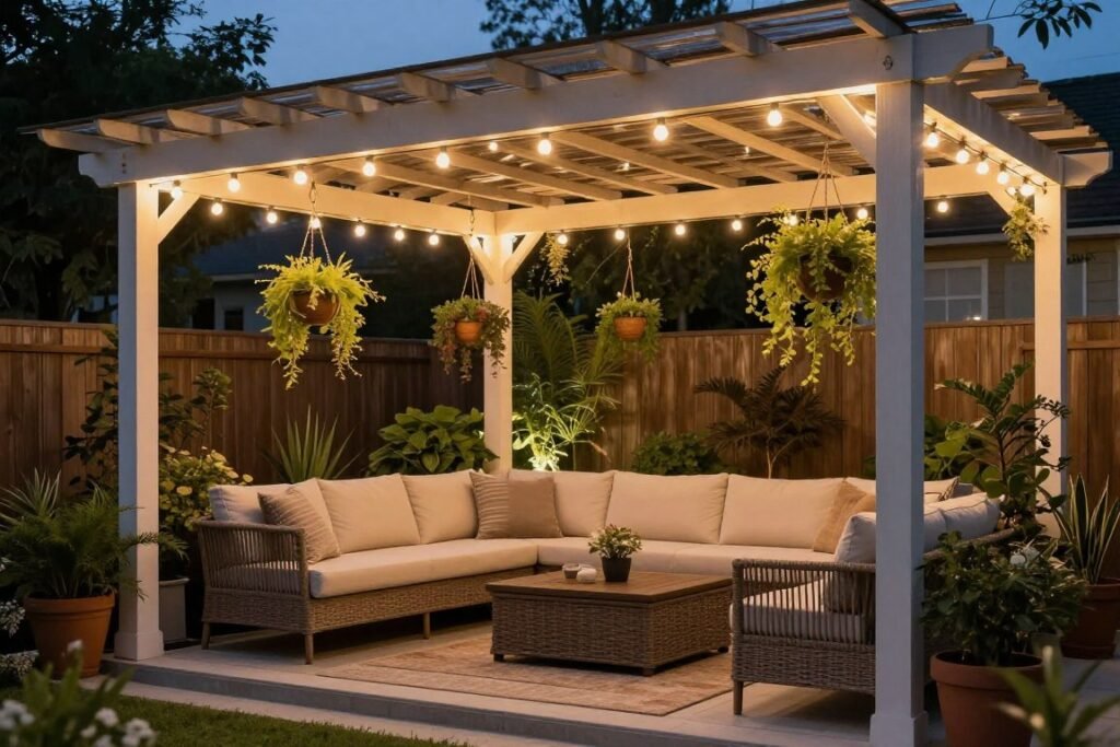 pergola decorated with string lights and hanging plants