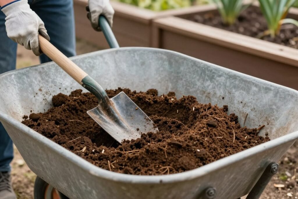 person filling raised garden bed with quality soil and compost mixture