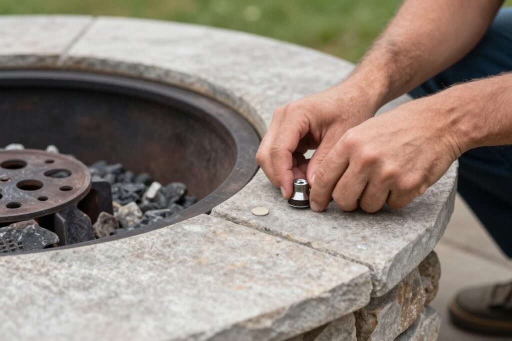 person inspecting fire pit structure for damage