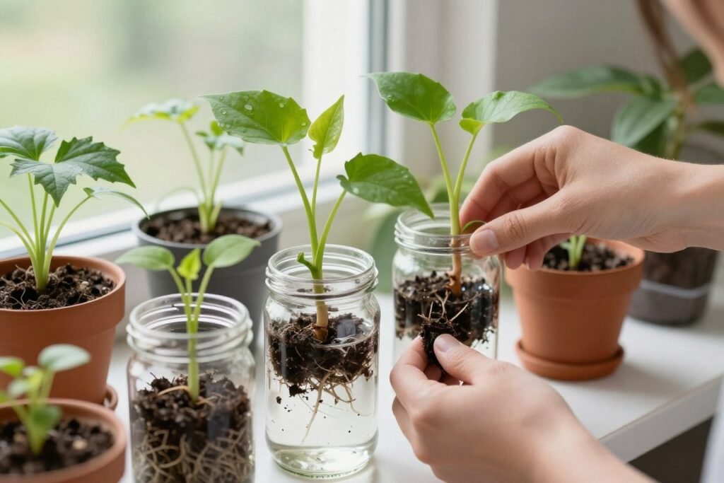 plant cuttings in water and small pots being propagated for new plants