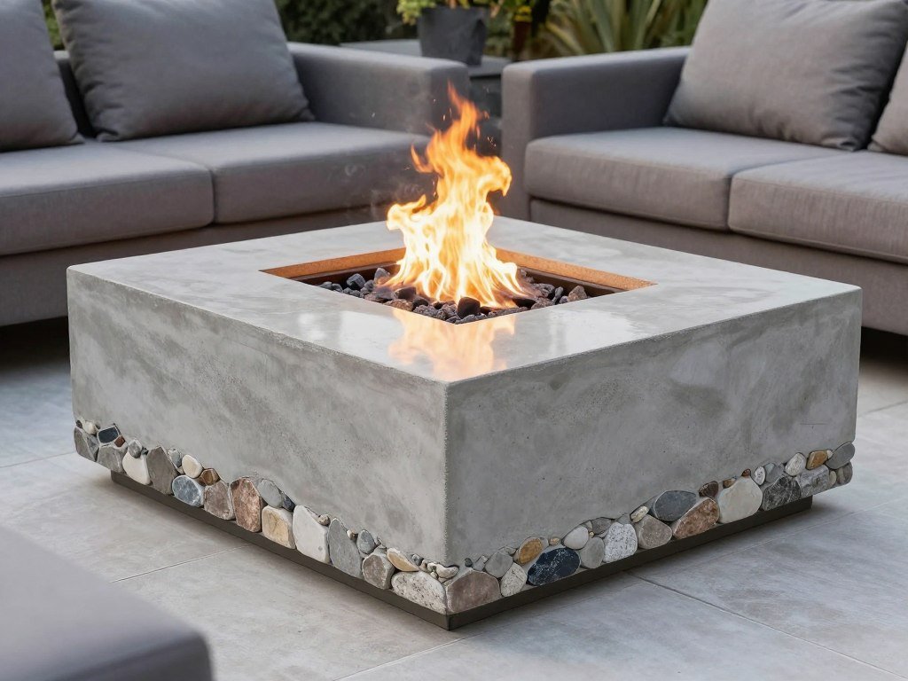 polished concrete fire pit with decorative aggregate