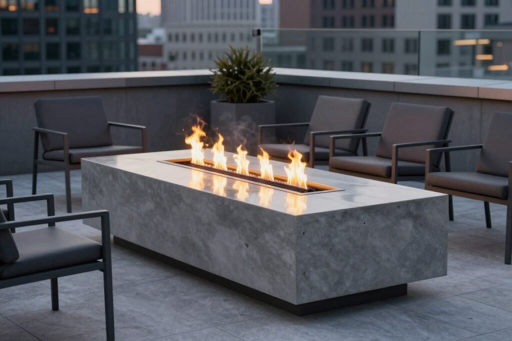 polished concrete fire table with dining surface around flames