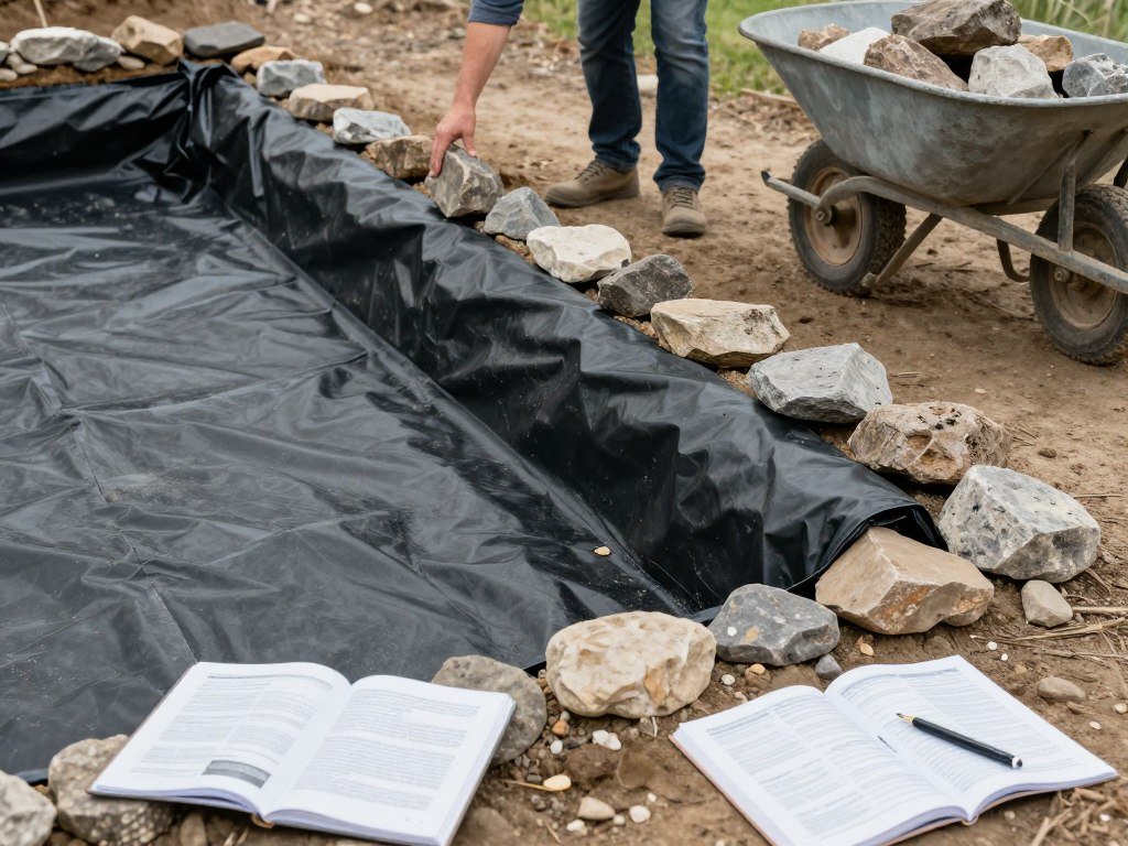 pond construction process showing liner installation and rock placement