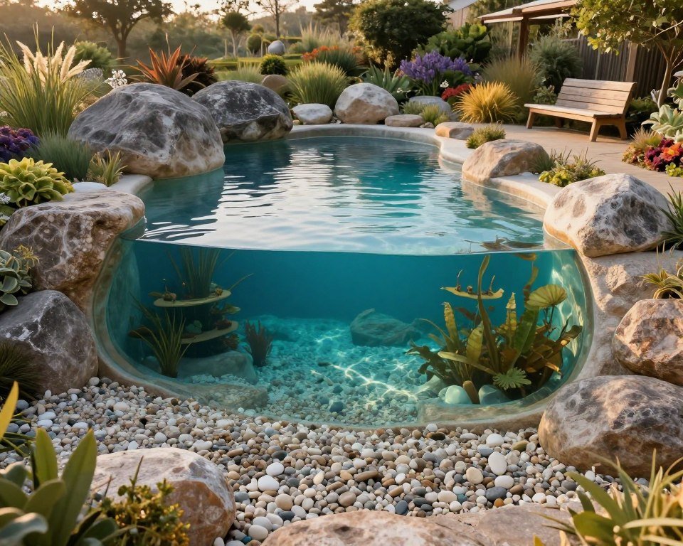 pond-style natural pool with beach entry and lush plantings around perimeter
