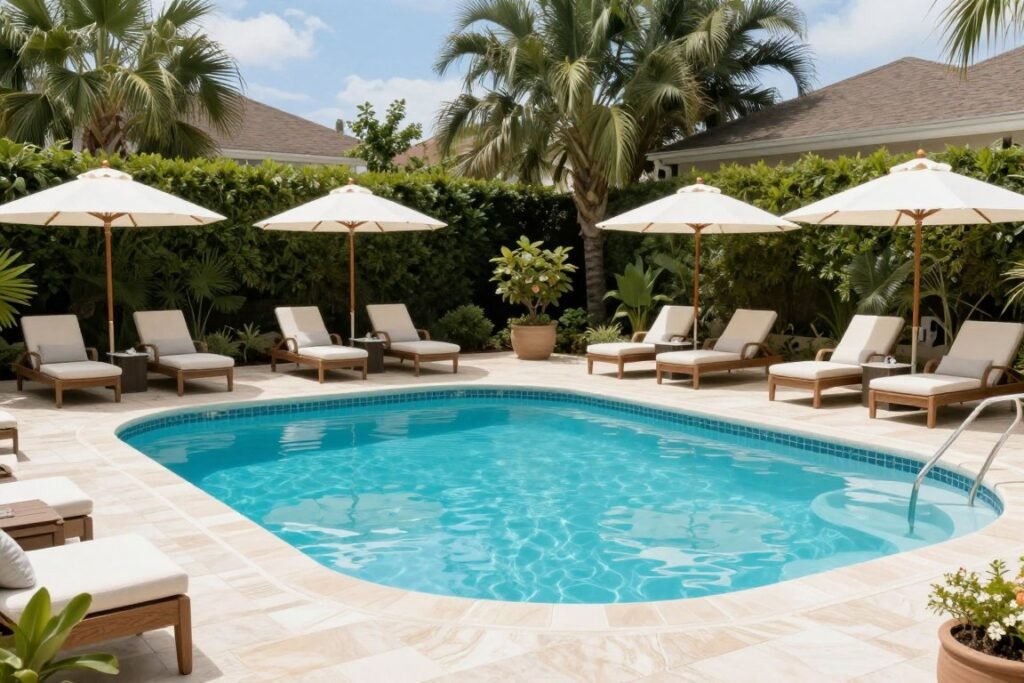 pool area with loungers and umbrellas