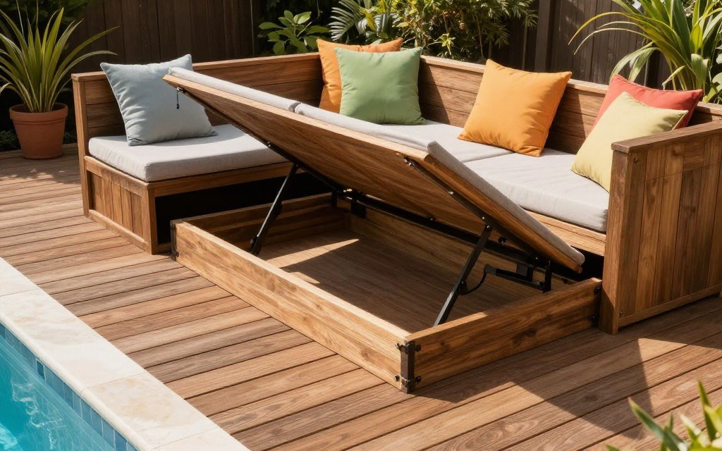 pool deck with built-in bench seating and hidden storage compartments