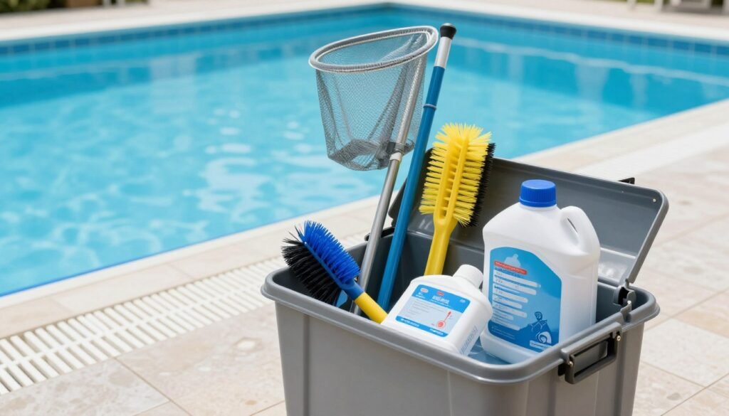 pool maintenance equipment and supplies organized near small pool