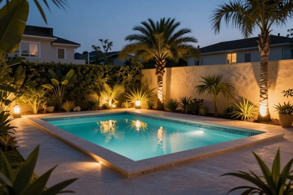pool surrounded by softly lit landscape with uplighting on plants and trees